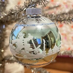 3" Radko Shiny Brite Stenciled Flocked‎ Ornament Skiing Winter Blue Silver Green